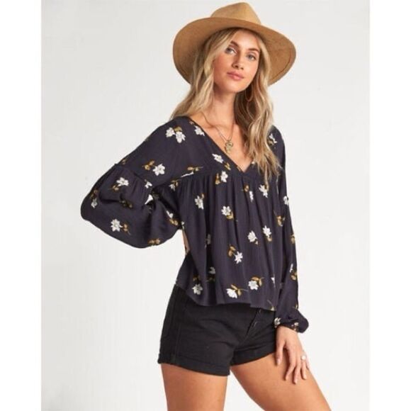 Billabong Shir Genius Floral Blouson Sleeve Top Women's Small Boho Peasant - Picture 3 of 7